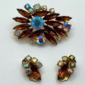 Vtg Topaz Navette & Aurora Round Crystals Juliana Style Brooch & Clip Earrings